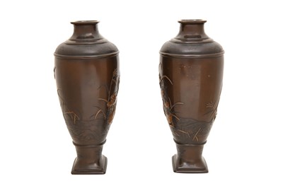 Lot 104 - A PAIR OF BRONZE 'WILD GEESE' VASES BY THE MIYAO EISUKE COMPANY