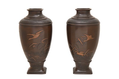 Lot 104 - A PAIR OF BRONZE 'WILD GEESE' VASES BY THE MIYAO EISUKE COMPANY