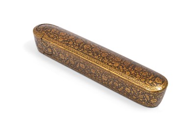 Lot 137 - A QAJAR LACQUERED PAPIER-MÂCHÉ PEN CASE (QALAMDAN) WITH LOTUS SCROLLS