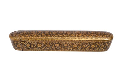 Lot 137 - A QAJAR LACQUERED PAPIER-MÂCHÉ PEN CASE (QALAMDAN) WITH LOTUS SCROLLS
