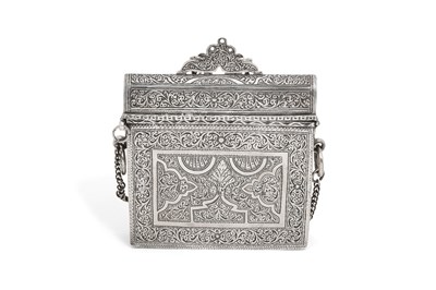 Lot 215 - AN ENGRAVED NORTH AFRICAN SILVER MANUSCRIPT HOLDER