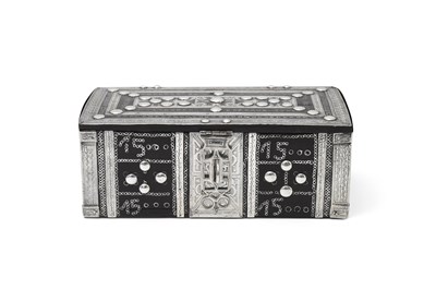 Lot 218 - A CARVED EBONY BOX WITH SILVER MOUNTS AND STUDS