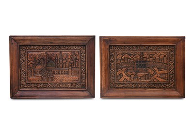 Lot 58 - TWO CARVED WOODEN LANDSCAPE VIEWS OF THE ISLAMIC HOLY SITES, MECCA AND MEDINA