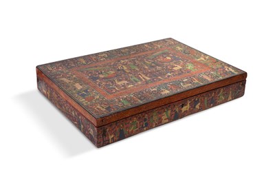 Lot 74 - A LARGE KASHMIRI GILT AND LACQUERED PAPIER-MÂCHÉ LIDDED BOX WITH FIGURAL DECORATION