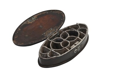 Lot 28 - AN INDIAN SILVER-MOUNTED CARVED WOOD AND WATER BUFFALO HORN SPICE BOX FOR THE EXPORT MARKET