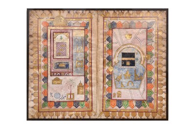 Lot 53 - A LOOSE ILLUSTRATED BIFOLIO FROM A KASHMIRI DALA’IL AL-KHAYRAT BY AL-JAZULI (D. 1465 AD)