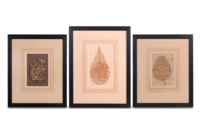 Lot 195 - THREE OTTOMAN SUFI CALLIGRAPHIC COMPOSITIONS ON DRY LEAVES