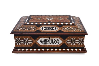 Lot 228 - λ AN HISPANO-MORESQUE ALMORAVID-STYLE BONE AND IVORY-INLAID HARDWOOD LIDDED BOX