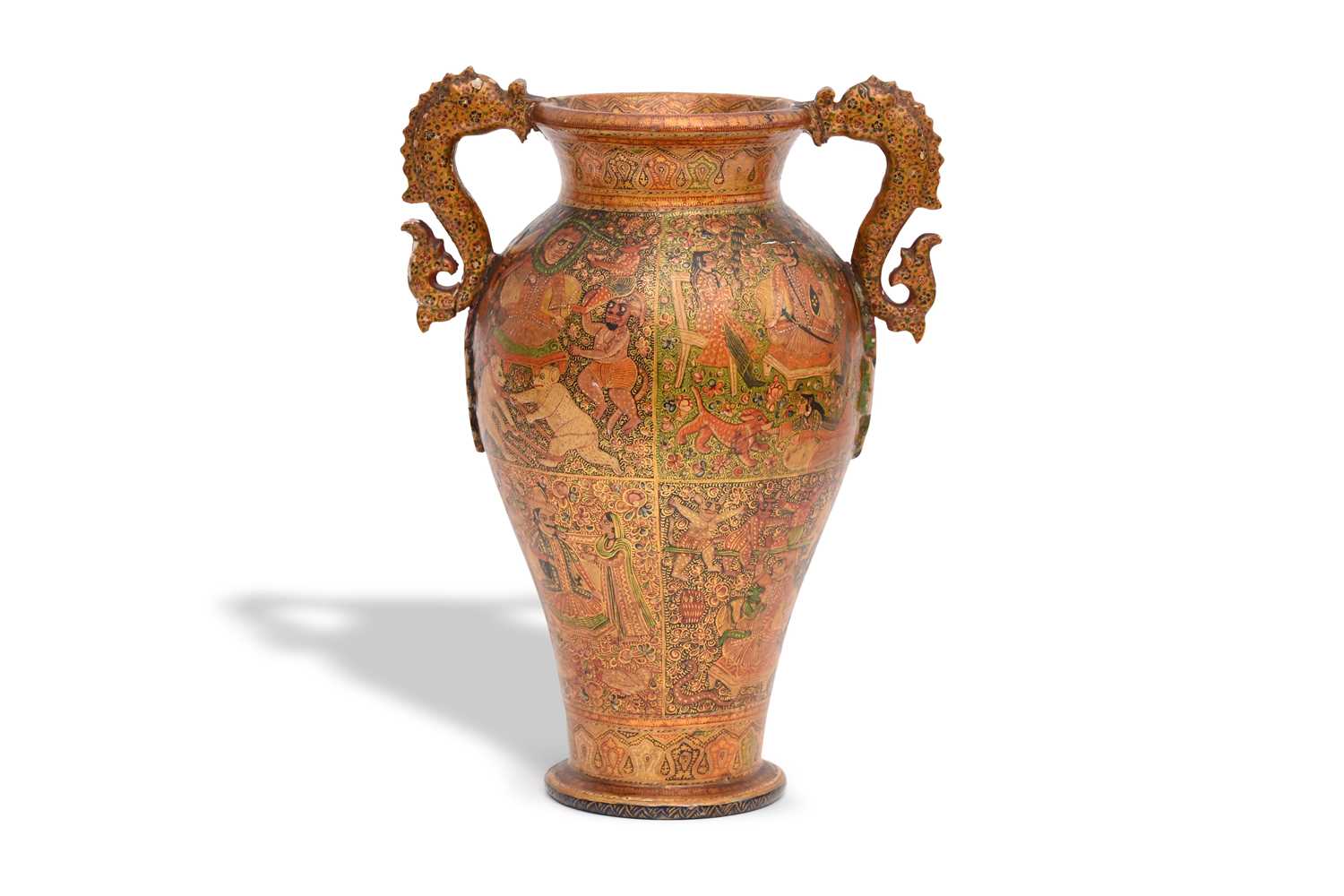 Lot 341 - A KASHMIRI GILT AND LACQUERED PAPIER-MÂCHÉ POSY VASE WITH DRAGON HANDLES
