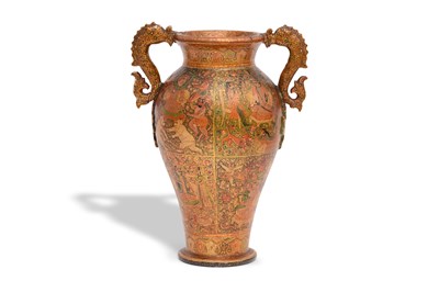 Lot 76 - A KASHMIRI GILT AND LACQUERED PAPIER-MÂCHÉ POSY VASE WITH DRAGON HANDLES