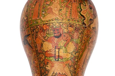 Lot 341 - A KASHMIRI GILT AND LACQUERED PAPIER-MÂCHÉ POSY VASE WITH DRAGON HANDLES