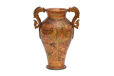 Lot 341 - A KASHMIRI GILT AND LACQUERED PAPIER-MÂCHÉ POSY VASE WITH DRAGON HANDLES