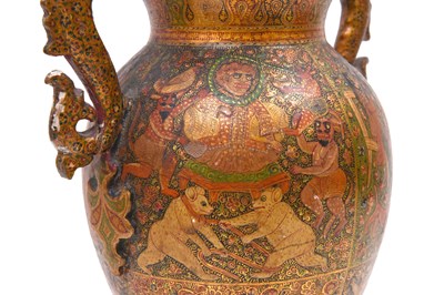 Lot 341 - A KASHMIRI GILT AND LACQUERED PAPIER-MÂCHÉ POSY VASE WITH DRAGON HANDLES