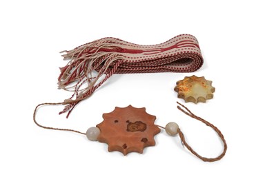 Lot 214 - A SUFI BEKTASHI ORDER HONORIFIC BELT AND CARVED AGATE TWELVE-POINTED STAR AMULETS