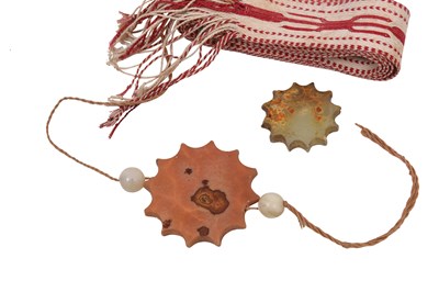 Lot 214 - A SUFI BEKTASHI ORDER HONORIFIC BELT AND CARVED AGATE TWELVE-POINTED STAR AMULETS