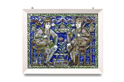 Lot 155 - A LARGE POLYCHROME-PAINTED MOULDED QAJAR POTTERY TILE WITH TWO ENTHRONED WARRIOR PRINCESSES