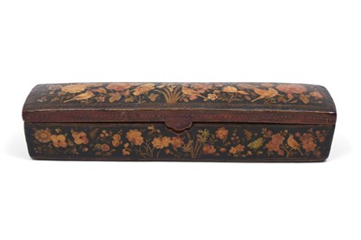 Lot 136 - A QAJAR LACQUERED PAPIER-MÂCHÉ SQUARED PEN CASE (QALAMDAN) WITH GOL O BOLBOL MOTIF