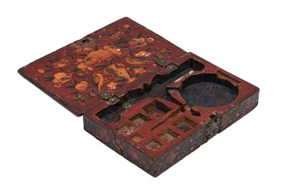 Lot 134 - A MINIATURE QAJAR LACQUERED PAPIER-MÂCHÉ WEIGHING TOOLBOX