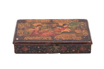 Lot 134 - A MINIATURE QAJAR LACQUERED PAPIER-MÂCHÉ WEIGHING TOOLBOX