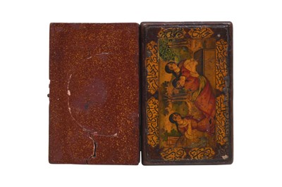 Lot 134 - A MINIATURE QAJAR LACQUERED PAPIER-MÂCHÉ WEIGHING TOOLBOX