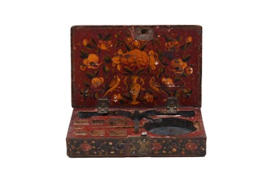 Lot 134 - A MINIATURE QAJAR LACQUERED PAPIER-MÂCHÉ WEIGHING TOOLBOX