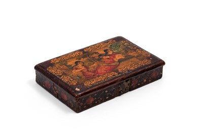 Lot 134 - A MINIATURE QAJAR LACQUERED PAPIER-MÂCHÉ WEIGHING TOOLBOX