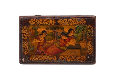 Lot 134 - A MINIATURE QAJAR LACQUERED PAPIER-MÂCHÉ WEIGHING TOOLBOX