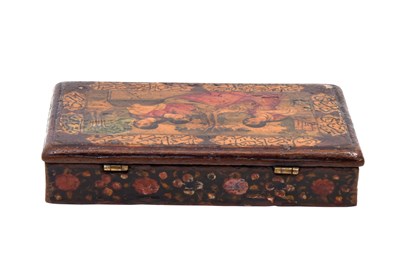 Lot 134 - A MINIATURE QAJAR LACQUERED PAPIER-MÂCHÉ WEIGHING TOOLBOX
