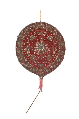 Lot 85 - A FINE INDIAN METAL THREAD-EMBROIDERED RED VELVET PROCESSIONAL PARASOL