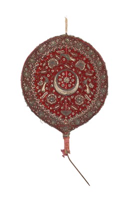 Lot 85 - A FINE INDIAN METAL THREAD-EMBROIDERED RED VELVET PROCESSIONAL PARASOL