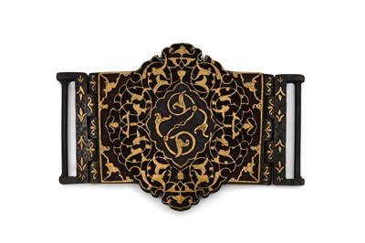 Lot 106 - A SAFAVID-REVIVAL GOLD-DAMASCENED STEEL BELT BUCKLE