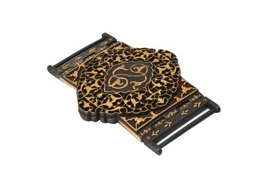 Lot 106 - A SAFAVID-REVIVAL GOLD-DAMASCENED STEEL BELT BUCKLE