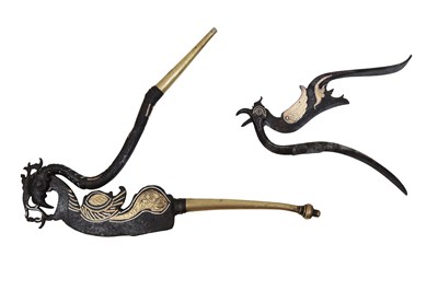 Lot 32 - TWO BIRD-SHAPED GOLD AND SILVER-DAMASCENED (KOFTGARI) STEEL BETEL NUTCRACKERS