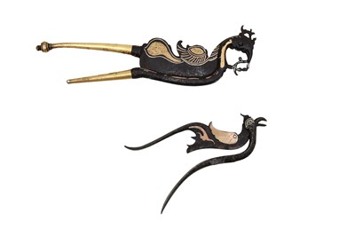 Lot 32 - TWO BIRD-SHAPED GOLD AND SILVER-DAMASCENED (KOFTGARI) STEEL BETEL NUTCRACKERS