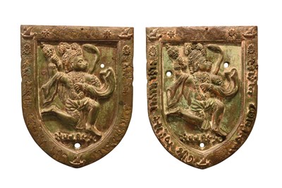 Lot 27 - A PAIR OF INDIAN CAST BRONZE NAUTICAL SHIELD PLAQUES WITH THE MONKEY GOD HANUMAN