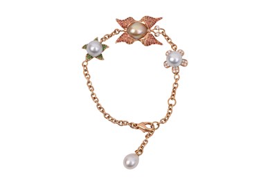 Lot 95 - A JACOB & CO. DIAMOND, PEARL AND SAPPHIRE-SET 18K ROSE GOLD BUTTERFLY BRACELET