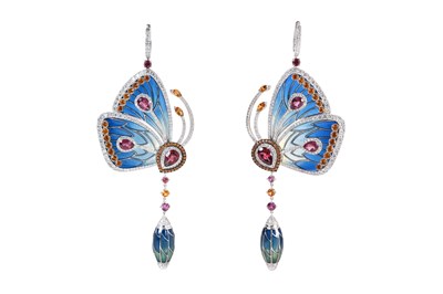 Lot 66 - A PAIR OF JACOB & CO. DIAMOND AND COLOURED GEM-SET BUTTERFLY EARRINGS