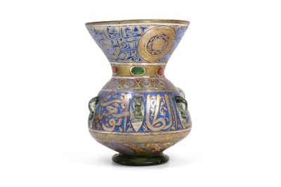 Lot 203 - A GILT AND POLYCHROME-ENAMELLED CLEAR GLASS MOSQUE LAMP