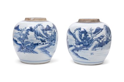 Lot 24 - A PAIR OF BLUE AND WHITE 'LANDSCAPE' JARS