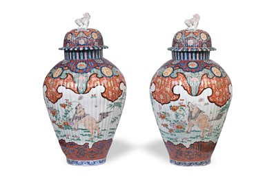 Lot 74 - A PAIR OF LARGE IMARI 'SHISHI' JARS AND COVERS