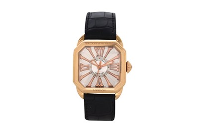 Lot 15 - A MEN'S BACKES & STRAUSS 18K ROSE GOLD AUTOMATIC WRISTWATCH.