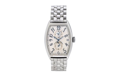 Lot 17 - A MEN'S FRANCK MULLER STAINLESS STEEL AUTOMATIC DOUBLE GMT FUNCTION BRACELET WATCH.