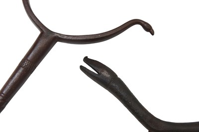 Lot 91 - TWO INDIAN STEEL SUFI CRUTCHES WITH ANIMAL HEADS