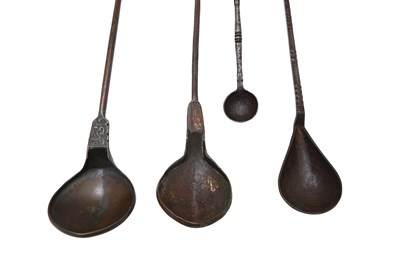 Lot 51 - THREE LARGE LADLES AND A MEASURING SPOON