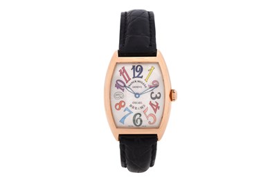 Lot 55 - A UNISEX FRANCK MULLER 18K ROSE GOLD QUARTZ WRISTWATCH.