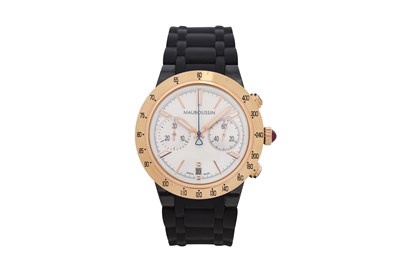 Lot 89 - A MEN'S MAOBOUSSIN 18K ROSE GOLD AND BLACK CERAMIC, AUTOMATIC CHRONOGRAPH BRACELET WATCH.