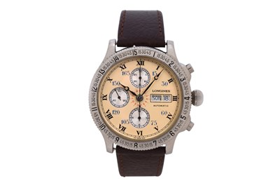 Lot 106 - A MEN'S LONGINES STAINLESS STEEL AUTOMATIC CHRONOGRAPH DAY-DATE WRISTWATCH.