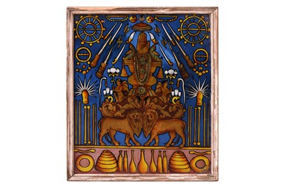 Lot 89 - A REVERSE GLASS PAINTING OF AN INDIAN ARMORIAL TRIUMPH