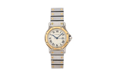 Lot 49 - A UNISEX CARTIER 18K YELLOW GOLD AND STAINLESS STEEL AUTOMATIC BRACELET WATCH.